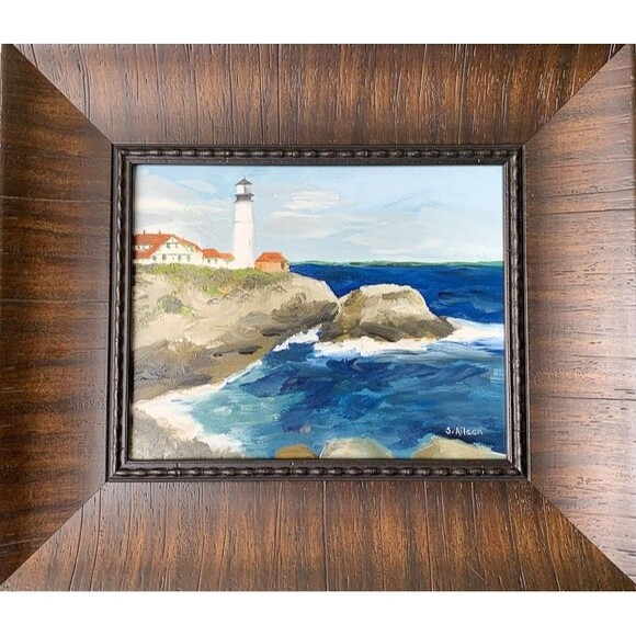 Framed Original Oil Painting Portland Head Lighthouse Seascape Signed 13x15" - Picture 1 of 10
